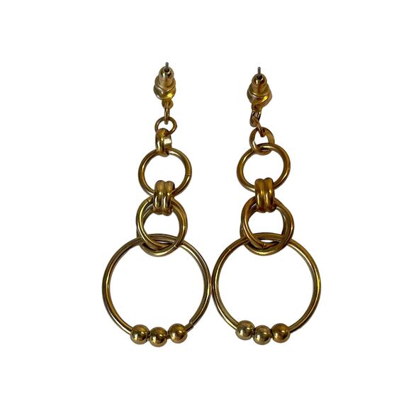 1980s Polished Gold Plate Quadruple Hoops Dangle Boho Stud Clip Pierced Earrings - Picture 2 of 3